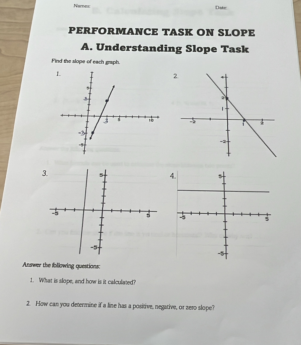 Names: Date: 
PERFORMANCE TASK ON SLOPE 
A. Understanding Slope Task 
Find the slope of each graph. 
2. 
3 
4 

Answer the following questions: 
1. What is slope, and how is it calculated? 
2. How can you determine if a line has a positive, negative, or zero slope?