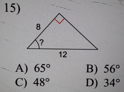 A) 65° B) 56°
C) 48° D) 34°