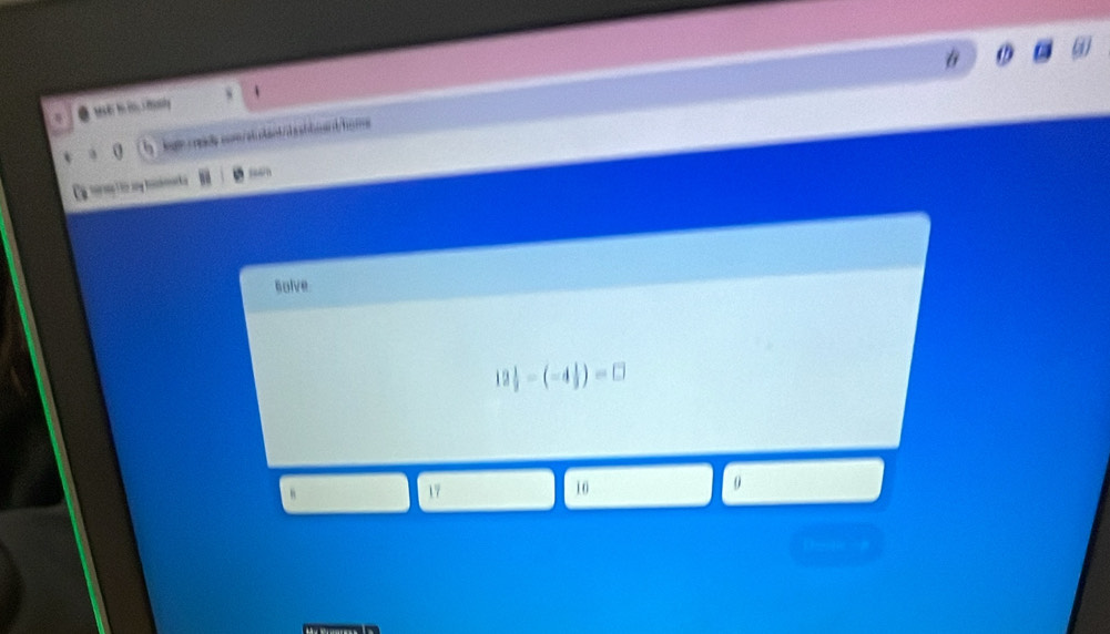 0

0
“/n
Solve
12 1/2 -(-4 1/3 )=□
17
10
0
Desticoa