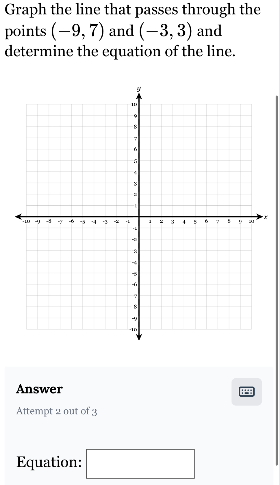 Graph the line that passes through the 
points (-9,7) and (-3,3) and 
determine the equation of the line. 
x 
Answer 
Attempt 2 out of 3 
Equation: □