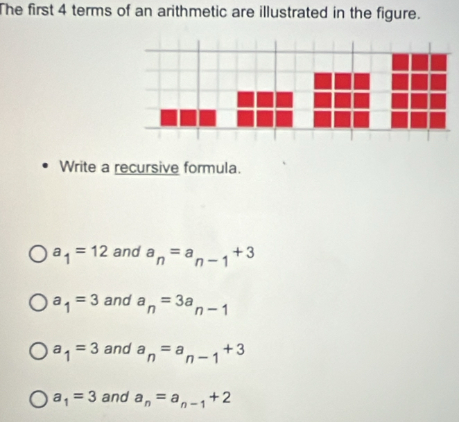 The first 4 terms of an arithmetic are illustrated in the figure.
Write a recursive formula.
a_1=12 and a_n=a_n-1+3
a_1=3 and a_n=3a_n-1
a_1=3 and a_n=a_n-1+3
a_1=3 and a_n=a_n-1+2