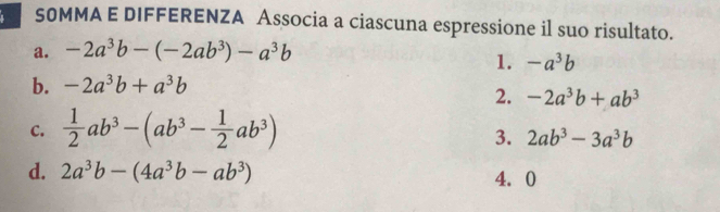 50MMA E DIFFERENZA Associa a ciascuna espressione il suo risultato. 
a. -2a^3b-(-2ab^3)-a^3b
1. -a^3b
b. -2a^3b+a^3b
2. -2a^3b+ab^3
C.  1/2 ab^3-(ab^3- 1/2 ab^3)
3. 2ab^3-3a^3b
d. 2a^3b-(4a^3b-ab^3) 4. 0