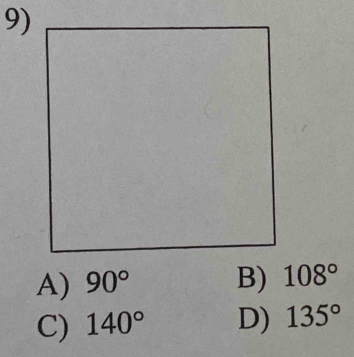 A) 90° B) 108°
C) 140° D) 135°