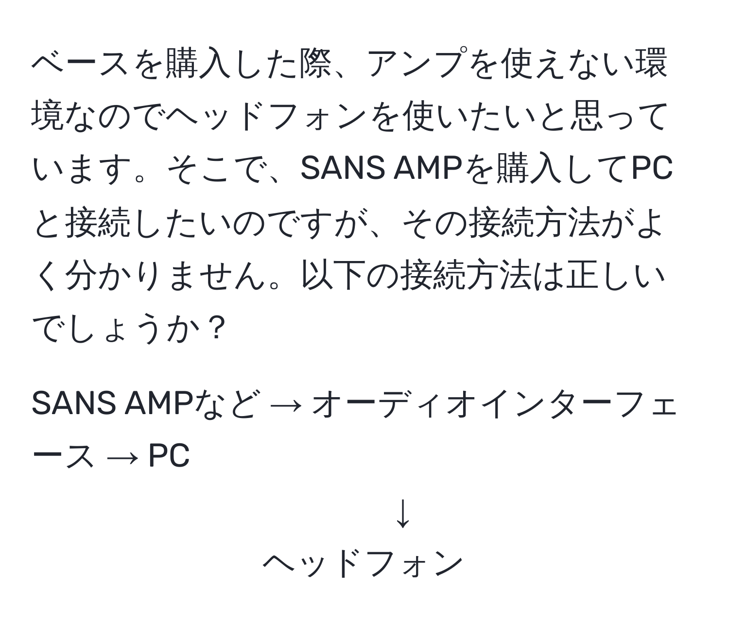 ベースを購入した際、アンプを使えない環境なのでヘッドフォンを使いたいと思っています。そこで、SANS AMPを購入してPCと接続したいのですが、その接続方法がよく分かりません。以下の接続方法は正しいでしょうか？

SANS AMPなど → オーディオインターフェース → PC  
↓  
ヘッドフォン