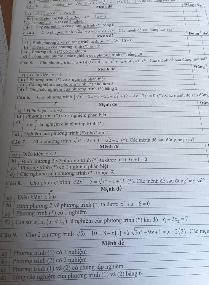 Phương t  
để sau dụng hay sa
mệnh đề sau đúng hay 
i
(x+1)(sqrt(x+4)-sqrt(-x^2+4x+14))=0 (*). Các m
Câu 6. Cho phương trình (sqrt(x^2+2x-3)-2x+2)^2+(2-sqrt(x+3))^2=0 (*) .Các mệnh đề sau đúng
n
Câu 7. Cho phương trình sqrt(x^2+2x+4)=sqrt(2-x)(*) Các mệnh đề sau đúng hay sai?
Mệnh đề
a) Điều kiện x≤ 2
b) | Bình phương 2 vế phương trình (*) ta được x^2+3x+1=0
c)  Phương trình (*) có 2 nghiệm phân biệt
d) | Các nghiệm của phương trình (*) thuộc Z
Câu 8. Cho phương trình sqrt(2x^2+5)=sqrt(x^2-x+11)(*). Các mệnh đề sau đúng hay sai?
Mệnh đề
a) Điều kiện: x≥ 0
b)  Bình phương 2 vế phương trình (*) ta được x^2+x-6=0
c)  Phương trình (*) có 1 nghiệm
d) Giả sử x_1,x_2(x_1 là nghiệm của phương trình (*) khi đó: x_1-2x_2=7
Câu 9. Cho 2 phương trình sqrt(5x+10)=8-x(1) và sqrt(3x^2-9x+1)=x-2(2). Các mện
Mệnh đề
) | Phương trình (1) có 1 nghiệm
b) | Phương trình (2) có 2 nghiệm
c) | Phương trình (1) và (2) có chung tập nghiệm
d) | Tông các nghiệm của phương trình (1) và (2) bằng 6