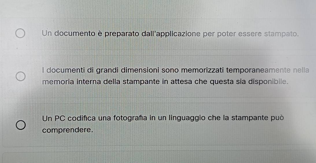 Un documento è preparato dall'applicazione per poter essere stampato. 
l documenti di grandi dimensioni sono memorizzati temporaneamente nella 
memoria interna della stampante in attesa che questa sia disponibile. 
Un PC codifica una fotografa in un linguaggio che la stampante può 
comprendere.