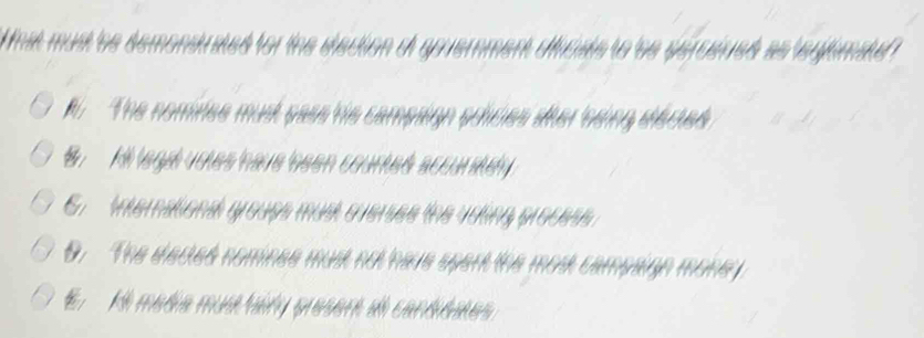 mst must es demonsrateó for the dtecion di apuemment divcste to ss pérosusó as teglimste
The nomines must pass his campign scicles sher sding dected
B il legd uotes have been counted accurstely
terationsl groups must cverses the vosing process .
b. The deces nominee musk not have spert the mos campaign mone
El El madia mud tary presert dl canddstes