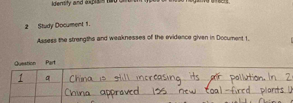 Identify and explain two different typ egalive effects. 
2 Study Document 1. 
Assess the strengths and weaknesses of the evidence given in Document 1. 
Question Part