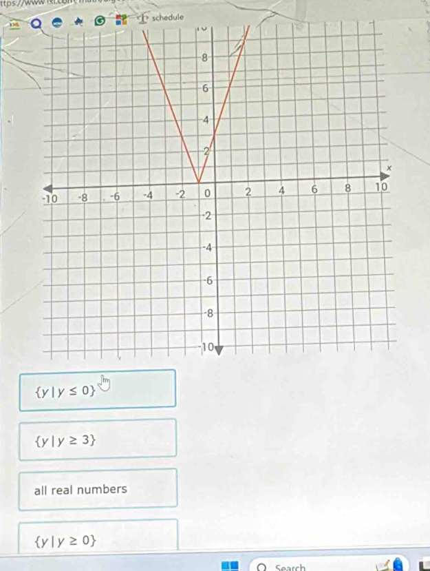 ttps:// rcm m
schedule
08
 y|y≤ 0
 y|y≥ 3
all real numbers
 y|y≥ 0
Search