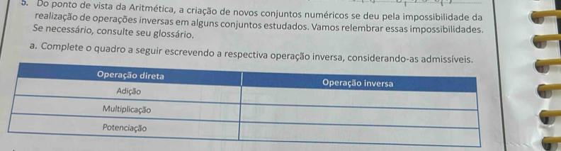 Do ponto de vista da Aritmética, a criação de novos conjuntos numéricos se deu pela impossibilidade da 
realização de operações inversas em alguns conjuntos estudados. Vamos relembrar essas impossibilidades. 
Se necessário, consulte seu glossário. 
a. Complete o quadro a seguir escrevendo a respectiva operação inversa, considerando-as admissíveis.