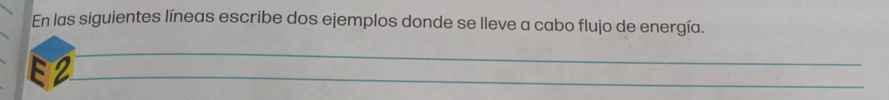 En las siguientes líneas escribe dos ejemplos donde se lleve a cabo flujo de energía. 
E2 
_ 
_