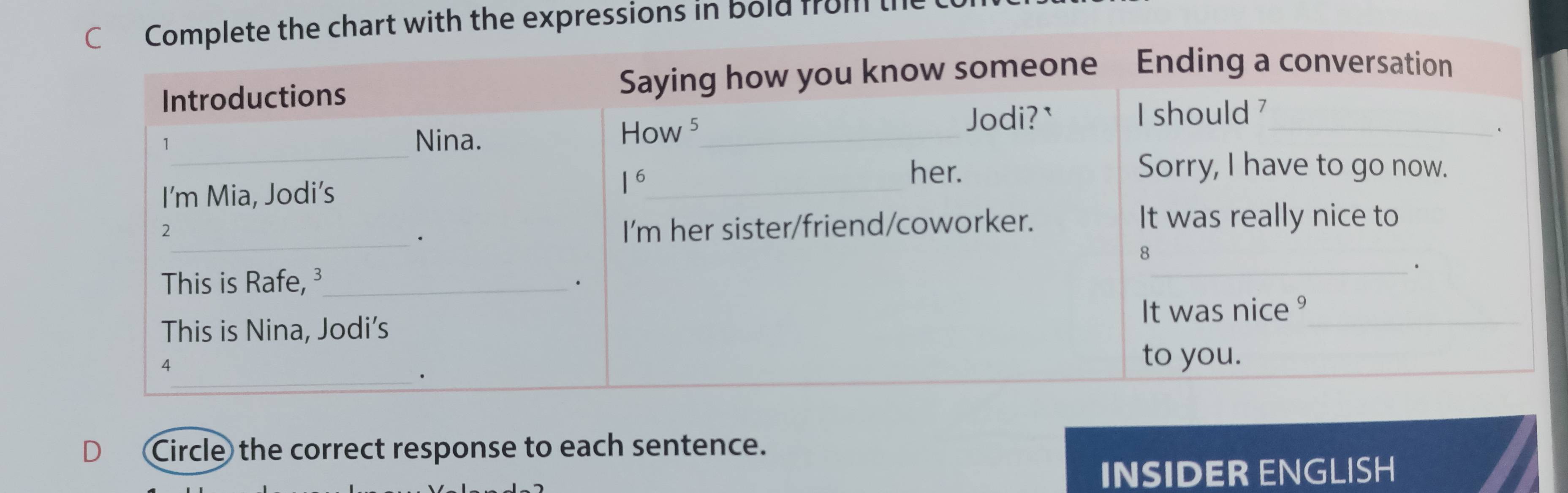 with the expressions in bold from t
D Circle the correct response to each sentence.
INSIDER ENGLISH