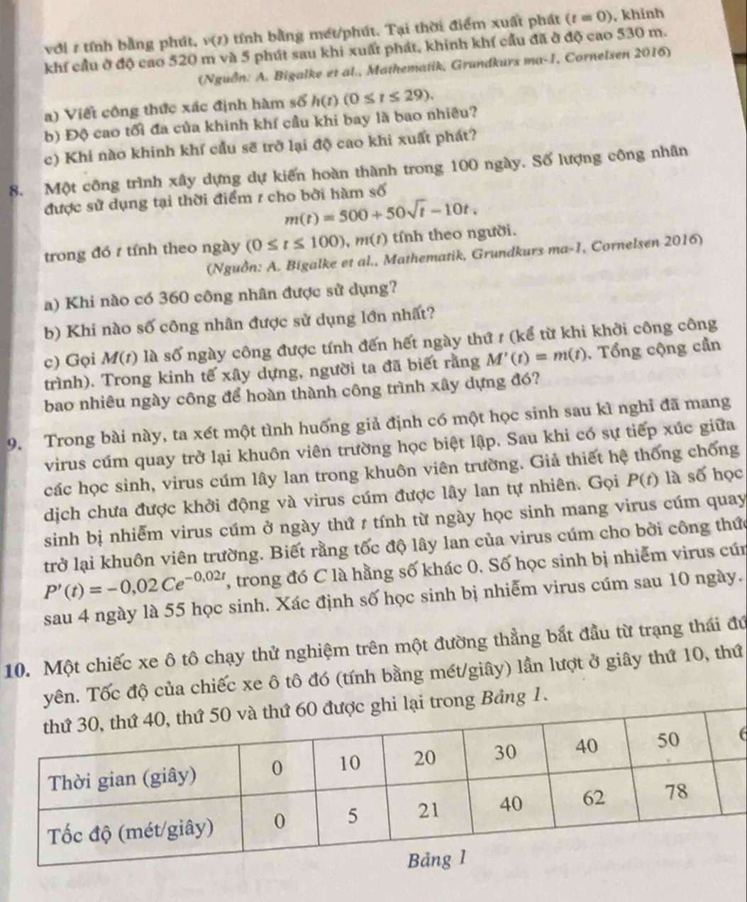 với r tính bằng phút, v(t) tính bằng mét/phút. Tại thời điểm xuất phát (t=0) , khinh
khí cầu ở độ cao 520 m và 5 phút sau khi xuất phát, khinh khí cầu đã ở độ cao 530 m.
(Nguðn: A. Bigalke et al., Mathematik, Grundkurs ma-1, Cornelsen 2016)
a) Viết công thức xác định hàm số h(t)(0≤ t≤ 29).
b) Độ cao tối đa của khinh khí cầu khi bay là bao nhiều?
c) Khi nào khinh khí cầu sẽ trở lại độ cao khi xuất phát?
8. Một công trình xây dựng dự kiến hoàn thành trong 100 ngày. Số lượng công nhân
được sử dụng tại thời điểm 1 cho bởi hàm số
m(t)=500+50sqrt(t)-10t.
trong đó 1 tính theo ngày (0≤ t≤ 100),m(t) tính theo người.
(Nguồn: A. Bigalke et al., Mathematik, Grundkurs ma-1, Cornelsen 2016)
a) Khi nào có 360 công nhân được sử dụng?
b) Khi nào số công nhân được sử dụng lớn nhất?
c) Gọi M(r) là số ngày công được tính đến hết ngày thứ r (kể từ khi khởi công công
trình). Trong kinh tế xây dựng, người ta đã biết rằng M'(t)=m(t). Tổng cộng cần
bao nhiêu ngày công để hoàn thành công trình xây dựng đó?
9. Trong bài này, ta xét một tình huống giả định có một học sinh sau kì nghỉ đã mang
virus cúm quay trở lại khuôn viên trường học biệt lập. Sau khi có sự tiếp xúc giữa
các học sinh, virus cúm lây lan trong khuôn viên trường. Giả thiết hệ thống chống
dịch chưa được khởi động và virus cúm được lây lan tự nhiên. Gọi P(t) là số học
sinh bị nhiễm virus cúm ở ngày thứ # tính từ ngày học sinh mang virus cúm quay
trở lại khuôn viên trường. Biết rằng tốc độ lây lan của virus cúm cho bởi công thức
P'(t)=-0,02Ce^(-0,02t) 7, trong đó C là hằng số khác 0. Số học sinh bị nhiễm virus cún
sau 4 ngày là 55 học sinh. Xác định số học sinh bị nhiễm virus cúm sau 10 ngày.
10. Một chiếc xe ô tô chạy thử nghiệm trên một đường thẳng bắt đầu từ trạng thái đứ
yên. Tốc độ của chiếc xe ô tô đó (tính bằng mét/giây) lần lượt ở giây thứ 10, thứ
hi lại trong Bảng 1.
(