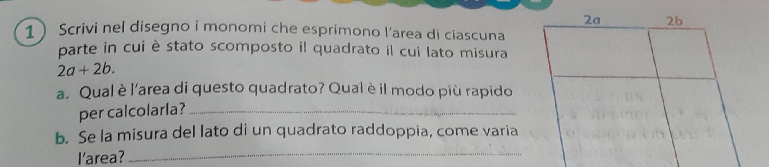 Scrivi nel disegno i monomi che esprimono l’area di ciascuna 
parte in cui è stato scomposto il quadrato il cui lato misura
2a+2b. 
a. Qual è l'area di questo quadrato? Qual è il modo più rapido 
per calcolarla?_ 
b. Se la misura del lato di un quadrato raddoppia, come varia 
l'area?_