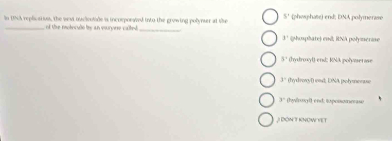 In DNA replication, the next iucleotide is incorporated into the growing polymer at the
5° (phosphate) end; DNA polymerase
_of the molecule by an ensyme called_
3 (phosphate) end; RNA polymerase
5° (hydroxyl) end; RNA polymerase
3’ (hydroxyl) end; DNA polymerase
3 * (hydroxyl) end: topoisomerase
,I DON T KNOW YET