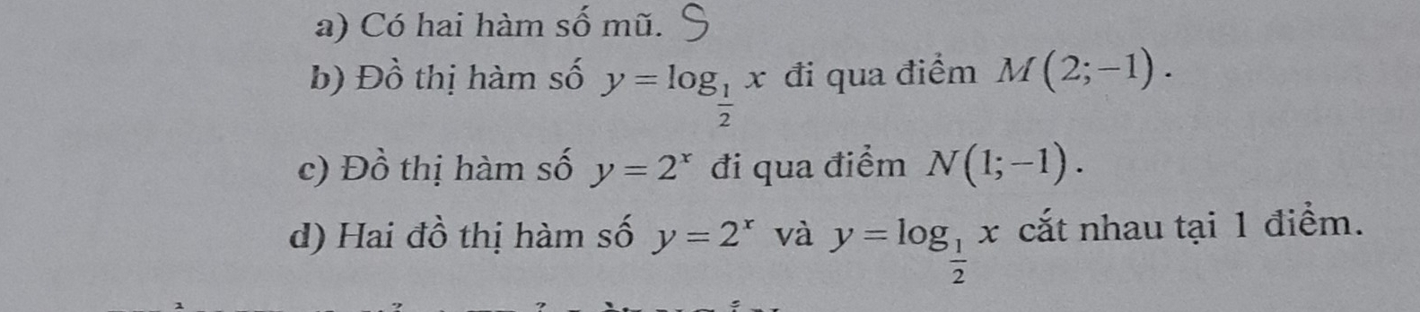 Có hai hàm số mũ. 
b) Đồ thị hàm số y=log _ 1/2 x đi qua điểm M(2;-1). 
c) Đồ thị hàm số y=2^x đi qua điểm N(1;-1). 
d) Hai đồ thị hàm số y=2^x và y=log _ 1/2 x cắt nhau tại 1 điểm.