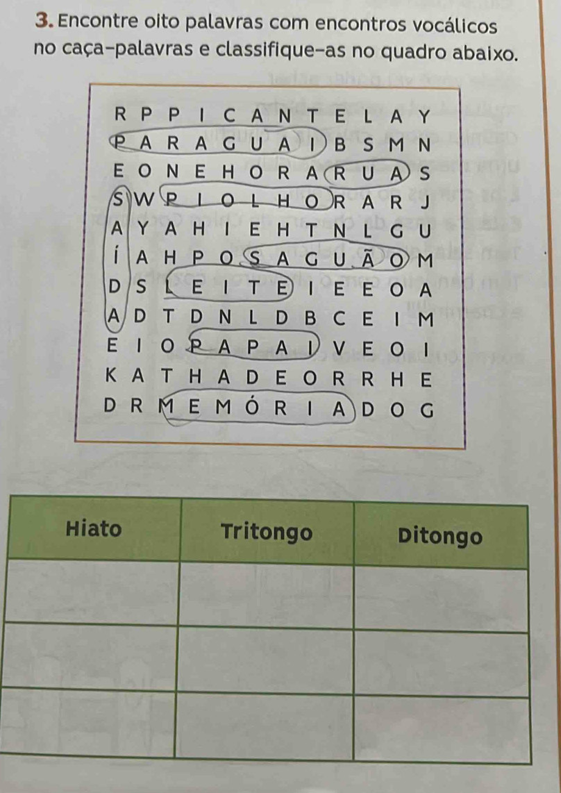 Encontre oito palavras com encontros vocálicos 
no caça-palavras e classifique-as no quadro abaixo.