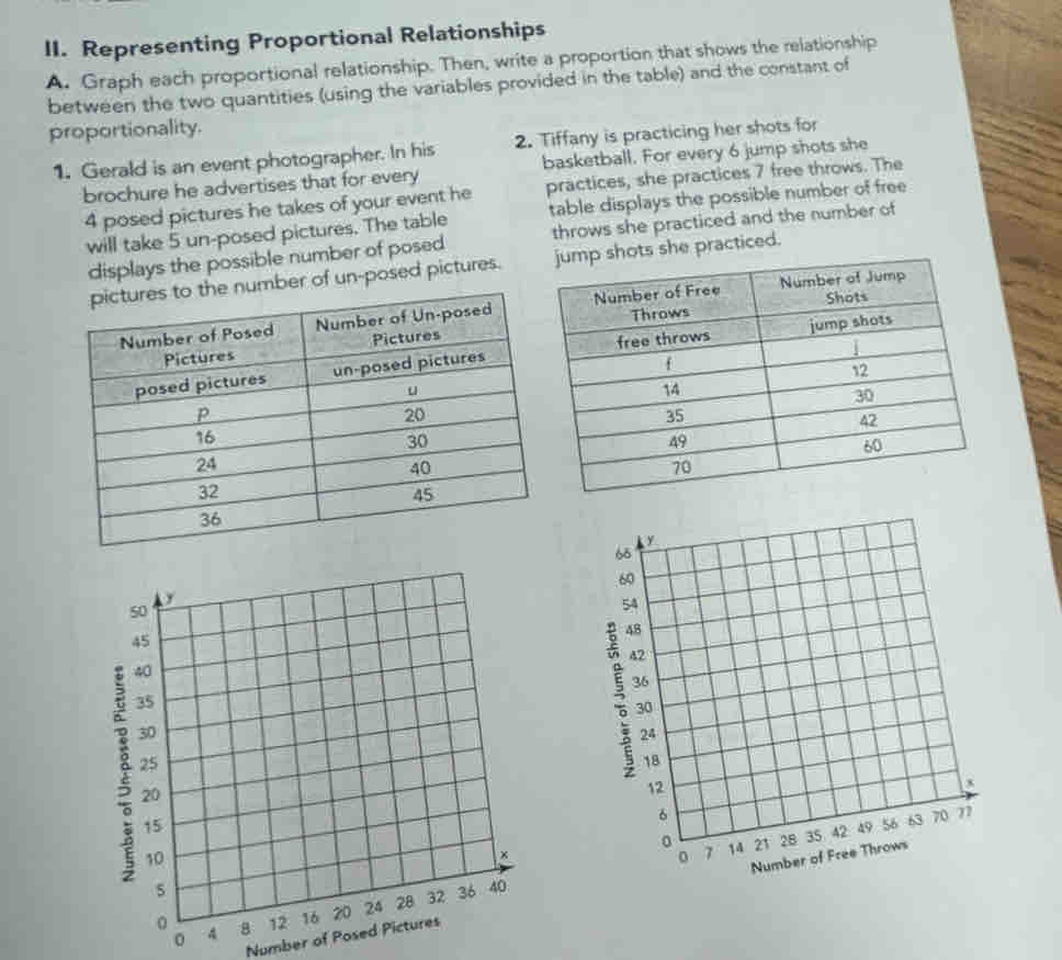 Representing Proportional Relationships 
A. Graph each proportional relationship. Then, write a proportion that shows the relationship 
between the two quantities (using the variables provided in the table) and the constant of 
proportionality. 
1. Gerald is an event photographer. In his 2. Tiffany is practicing her shots for 
brochure he advertises that for every basketball. For every 6 jump shots she
4 posed pictures he takes of your event he practices, she practices 7 free throws. The 
will take 5 un-posed pictures. The table table displays the possible number of free 
displays the possible number of posed throws she practiced and the number of 
he number of un-posed pictures. practiced. 
Number of Posed Pictures