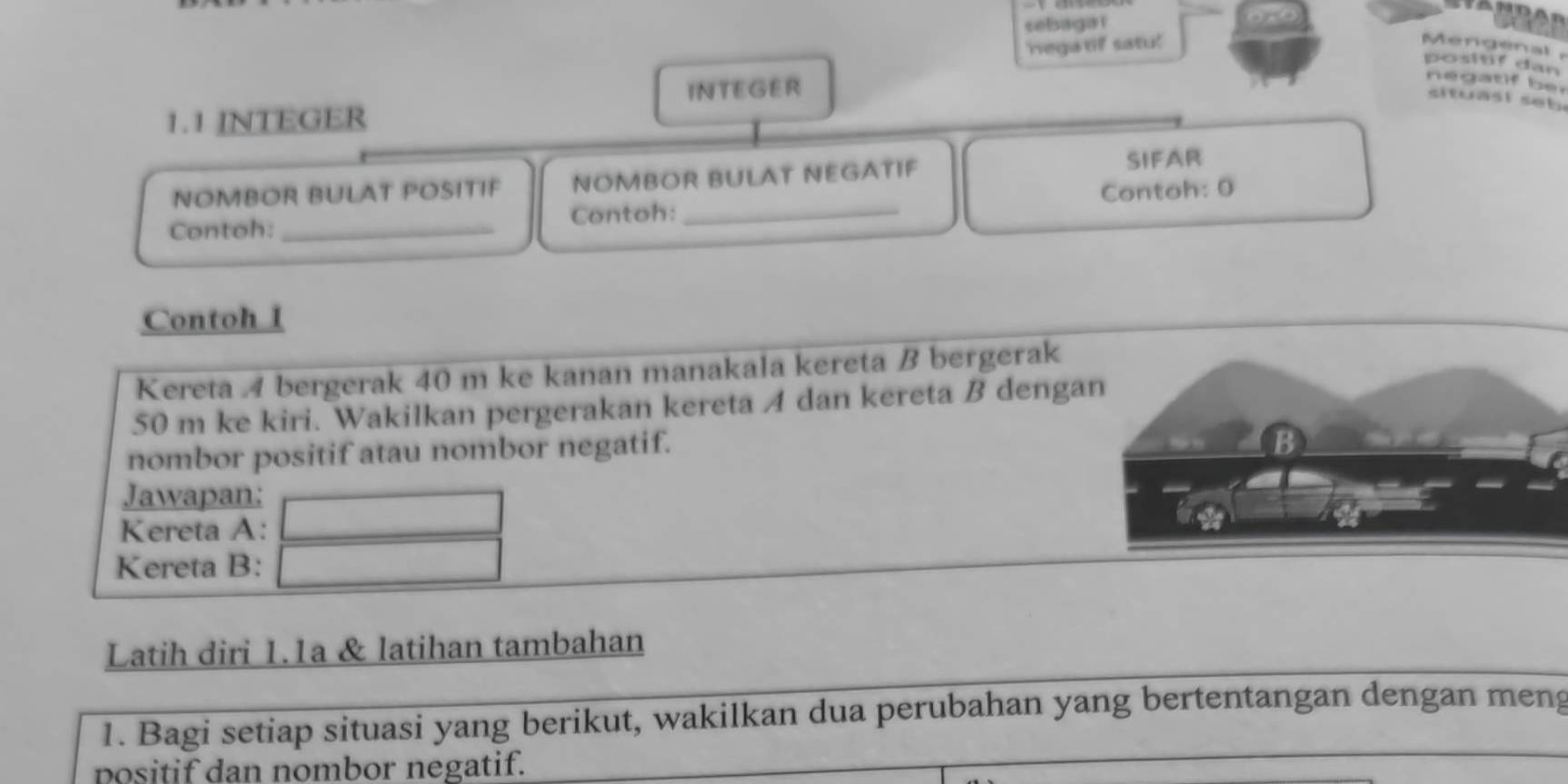 sebagal 
hegatif satu! Mengenal 
positif dan 
INTEGER 
ne ga t if be r 
situasi seh 
1.1 JNTEGER 
NOMBOR BULAT POSITIF NOMBOR BULAT NEGATIF SIFAR 
Contoh: _Contoh: _Contoh: 0 
Contoh l 
Kereta 4 bergerak 40 m ke kanan manakala kereta B bergerak
50 m ke kiri. Wakilkan pergerakan kereta A dan kereta B denga 
nombor positif atau nombor negatif. 
Jawapan: 
Kereta A: 
Kereta B: 
Latih diri 1.1a & latihan tambahan 
1. Bagi setiap situasi yang berikut, wakilkan dua perubahan yang bertentangan dengan meng 
positif dan nombor negatif.