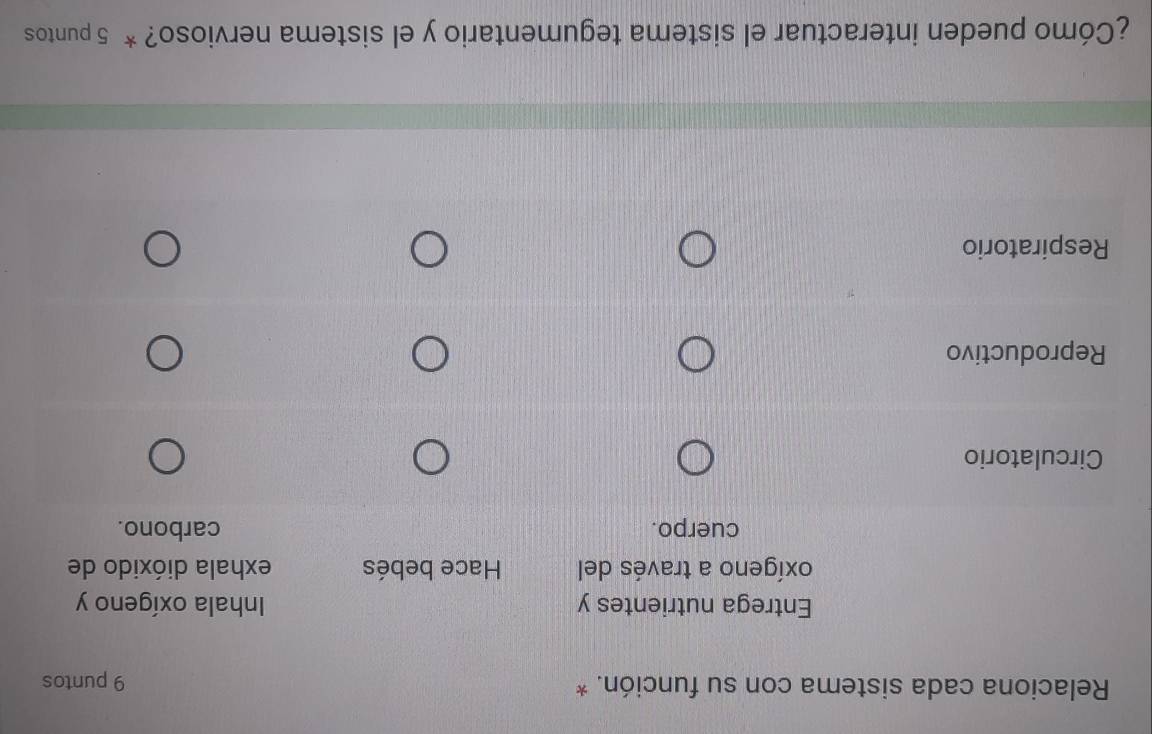 Relaciona cada sistema con su función. * 9 puntos 
¿Cómo pueden interactuar el sistema tegumentario y el sistema nervioso? * 5 puntos