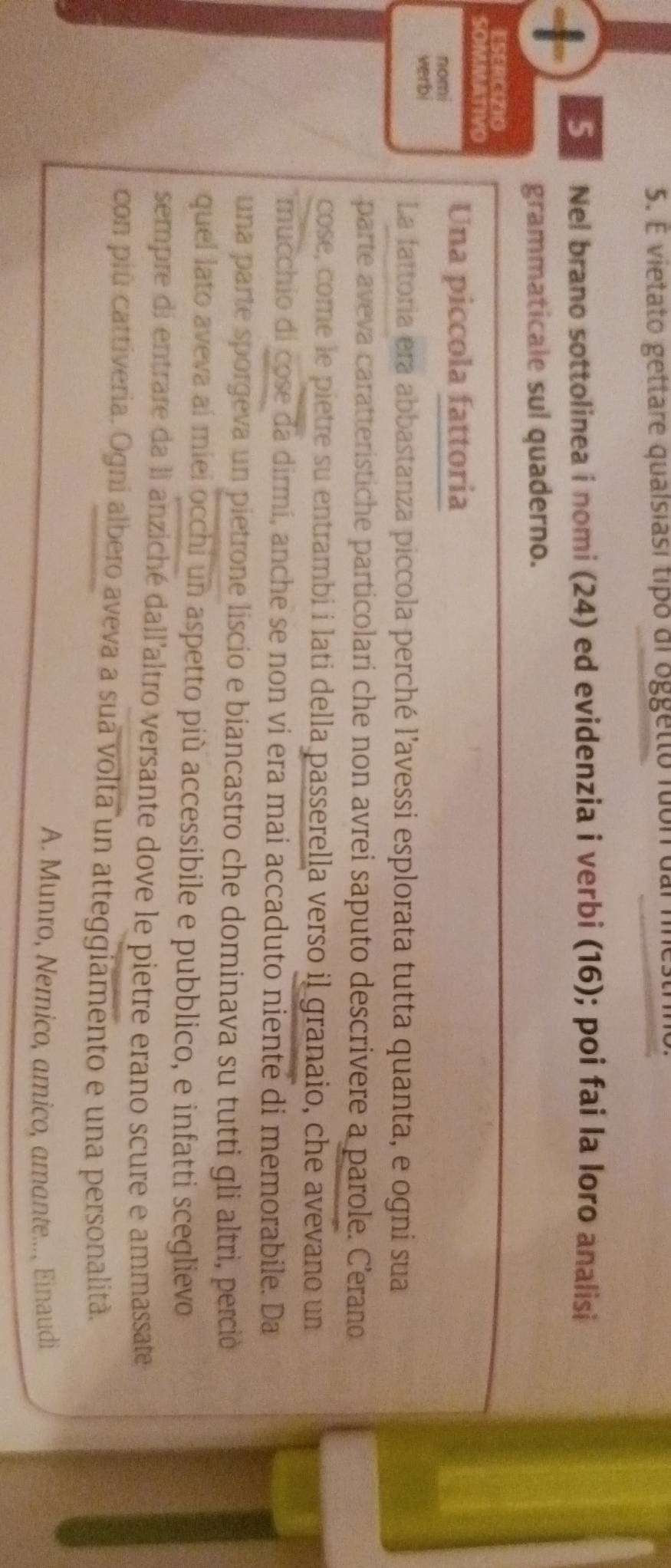 É vietato gettare quaisiasí tipó di oggetto fuór dal fnestri 
+ Nel brano sottolinea i nomi (24) ed evidenzia i verbi (16); poi fai la loro analisi 
grammaticale sul quaderno. 
ESERCIZIO 
SORA TIO 
nomi 
Una piccola fattoria 
verbi 
La fattoria era abbastanza piccola perché l’avessi esplorata tutta quanta, e ogni sua 
parte aveva caratteristiche particolari che non avrei saputo descrivere a parole. Cerano 
cose, come le pietre su entrambi i lati della passerella verso il granaio, che avevano un 
mucchio di cose da dirmí, anche se non vi era mai accaduto niente di memorabile. Da 
una parte sporgeva un pietrone liscio e biancastro che dominava su tutti gli altri, perció 
quel lato aveva aí miei occhi un aspetto più accessibile e pubblico, e infatti sceglievo 
sempre di entrare da ll anziché dall'altro versante dove le pietre erano scure e ammassate 
con piú cattiveria. Ogni albero aveva a sua volta un atteggiamento e una personalità. 
A. Munro, Nemico, amico, amante..., Einaudi