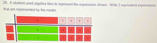 A student used algebra tiles to represent the expression shown. Write 2 equivalent expressions 
that are represented by the model.
-x 1 1 1 1
-1 × -1 -1 -1 -1
-1 χ -1 -1 -1 -1