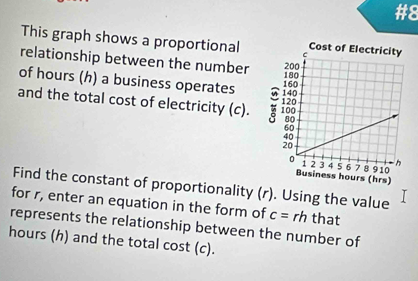 #8 
This graph shows a proportional 
relationship between the number 
of hours (h) a business operates 
and the total cost of electricity (c). 
Find the constant of proportionality (r). Using the value 
for r, enter an equation in the form of c=rh that 
represents the relationship between the number of
hours (h) and the total cost (c).