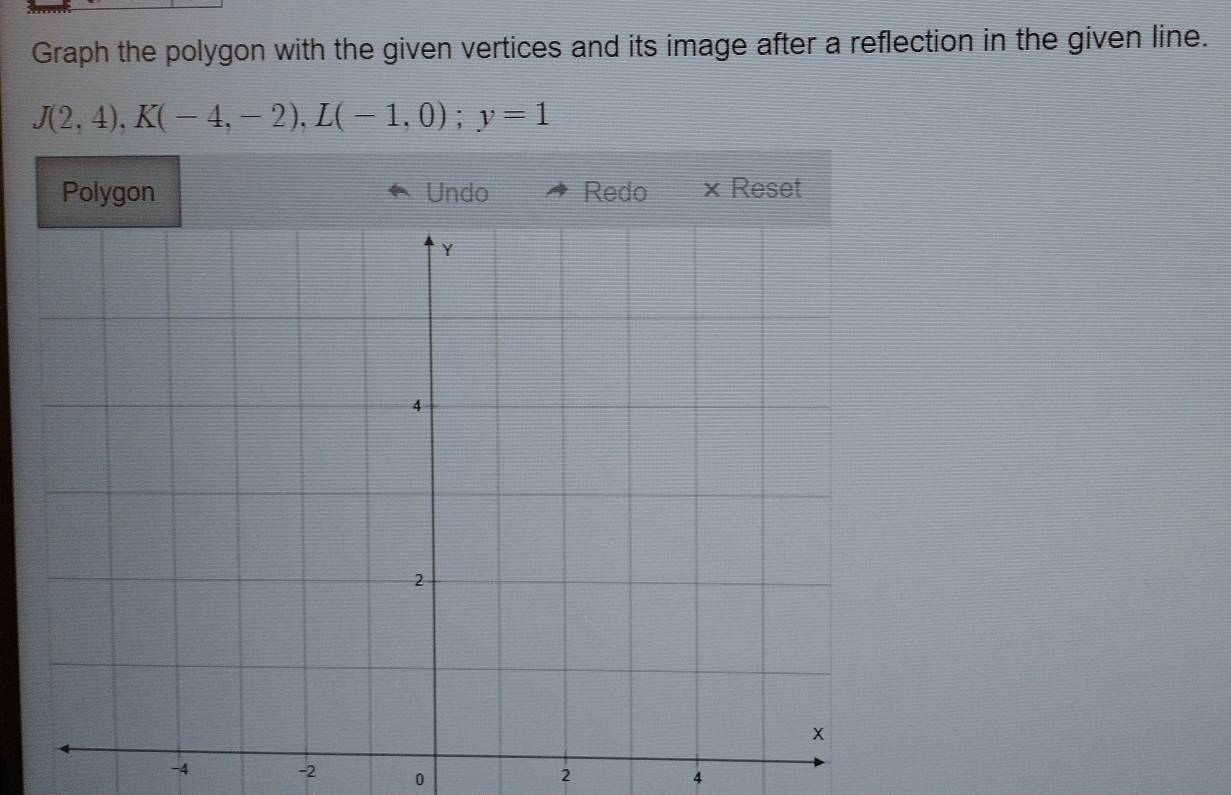 Graph the polygon with the given vertices and its image after a reflection in the given line.
J(2,4), K(-4,-2), L(-1,0); y=1
Polygon Undo Redo X Reset
-4 -2 0
2
4