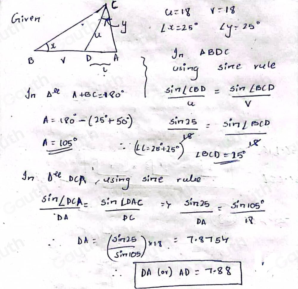 Solved: For the triangle shown, find the length AD. (Assume u=18, v=18 ...