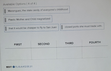 Available Options ( 4 of 4 ) 
Merengues, the stale candy of everyone's childhood 
Plastic Mother and Child magnetized
beginarray r :: frac 1:10:endarray that it would be cheaper to fly to San Juan  4π /11  closed ports she must trade with, 
BEST: ● FL-ELA.K12.EE 2.1