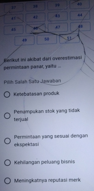 37 38 39 40
41 42 43 44
45 40 47 48
49 50 51
Berikut ini akibat dari overestimasi
permintaan pasar, yaitu ...
Pilih Salah Satu Jawaban
Ketebatasan produk
Penumpukan stok yang tidak
terjual
Permintaan yang sesuai dengan
ekspektasi
Kehilangan peluang bisnis
Meningkatnya reputasi merk