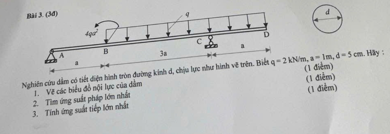 Nghiên cứu dầm có tiết diện hình tròn đường kính d, chịu lực như hình vẽ trên. Biết q=2kN/m,a=1m,d=5cm. Hãy :
(1 điểm)
1. Vẽ các biểu đồ nội lực của dầm (1 điểm)
2. Tìm ứng suất pháp lớn nhất
3. Tính ứng suất tiếp lớn nhất (1 điểm)