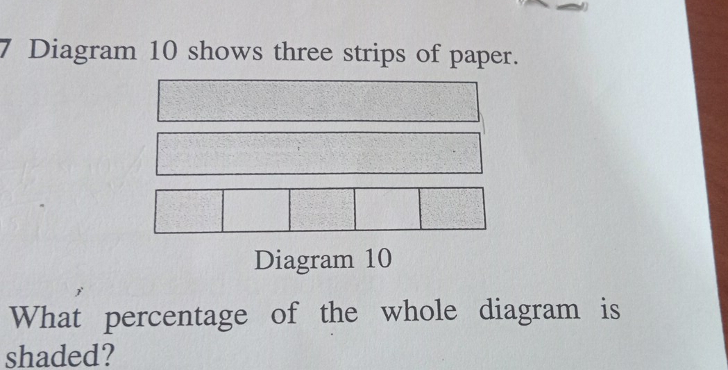 Diagram 10 shows three strips of paper. 
Diagram 10 
What percentage of the whole diagram is 
shaded?