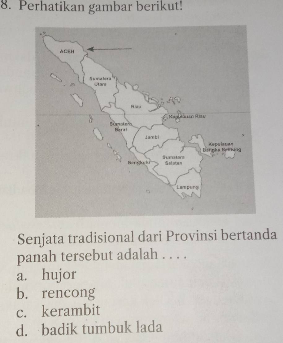 Perhatikan gambar berikut!
Senjata tradisional dari Provinsi bertanda
panah tersebut adalah . . . .
a. hujor
b. rencong
c. kerambit
d. badik tumbuk lada