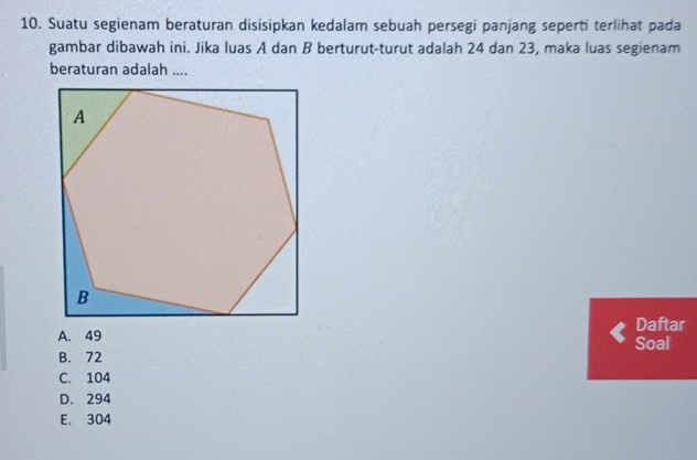 Suatu segienam beraturan disisipkan kedalam sebuah persegi panjang seperti terlihat pada
gambar dibawah ini. Jika luas A dan B berturut-turut adalah 24 dan 23, maka luas segienam
beraturan adalah ....
Daftar
A. 49 Soal
B. 72
C. 104
D. 294
E. 304