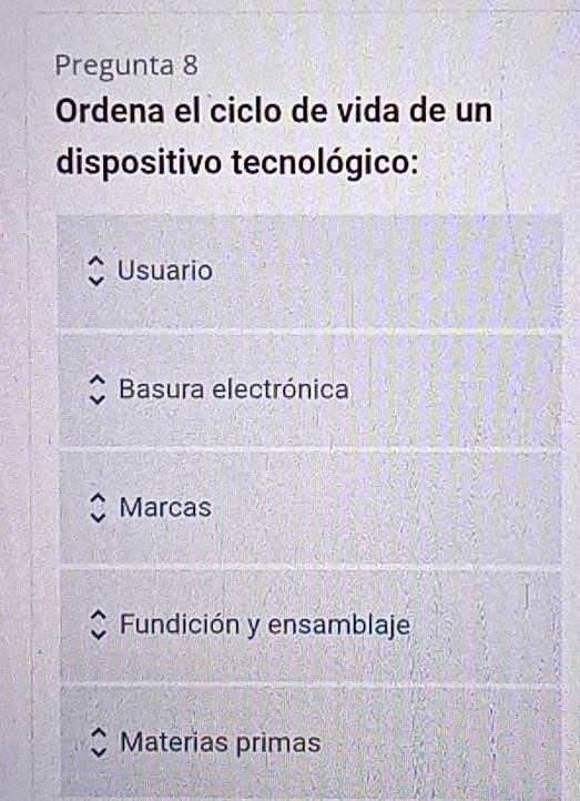 Pregunta 8
Ordena el ciclo de vida de un
dispositivo tecnológico:
Usuario
Basura electrónica
Marcas
Fundición y ensamblaje
Materias primas