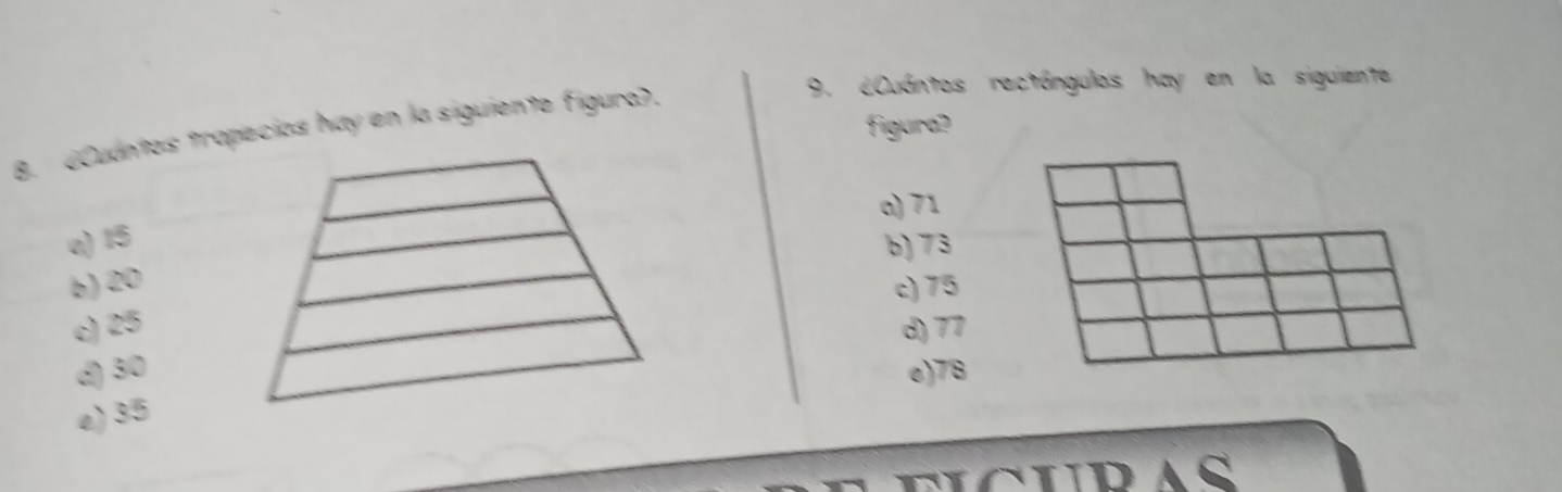 ¿Cuántos rectángulos hay en la siguiente
figura?
8. ‘Cuantos trapecias hay en la siguiente figura).
α) 71
a) 15 b) 73
b) 20 c) 75
c) 25 d) 77
d) 30 e) 76
e) 35
c u d A S