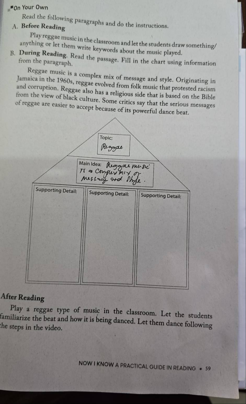 On Your Own 
Read the following paragraphs and do the instructions. 
A. Before Reading 
Play reggae music in the classroom and let the students draw something/ 
anything or let them write keywords about the music played. 
B. During Reading. Read the passage. Fill in the chart using information 
from the paragraph. 
Reggae music is a complex mix of message and style. Originating in 
Jamaica in the 1960s, reggae evolved from folk music that protested racism 
and corruption. Reggae also has a religious side that is based on the Bible 
from the view of black culture. Some critics say that the serious messages 
of reggae are easier to accept because of its powerful dance 
After Reading 
Play a reggae type of music in the classroom. Let the students 
familiarize the beat and how it is being danced. Let them dance following 
the steps in the video. 
NOW I KNOW A PRACTICAL GUIDE IN READING *59