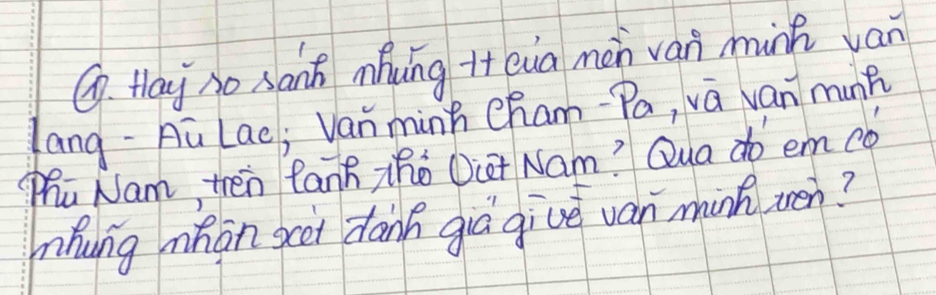 Hlay no sant mhung i eua men van mink ván 
lang-Aū Lac; Van minh cham-Pa, vá van munh 
Wha Nam, then Canh zho Dit Nam? Qua do em co 
hhung mhon scet dank giàgive van mink wén?