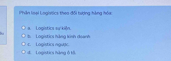 Phân loại Logistics theo đối tượng hàng hóa:
a. Logistics sự kiện.
âu
b. Logistics hàng kinh doanh
c. Logistics ngược.
d. Logistics hàng ô tô.