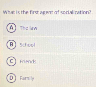 What is the first agent of socialization?
A The law
B School
C Friends
D Family