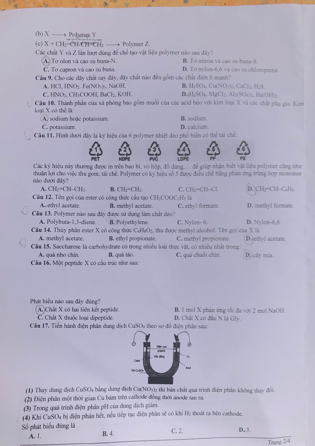 Polymer Y
(c) X+CH_2=CH-CH=CH_2 Polymer Z.
Các chất Y và Z lần lượt dùng để chế tạo vật liệu polymer nào sau đây?
A. Tơ olon và cao su buna-N. B. Tơ nitron và cao su buna-S.
C. Tơ capron và cao su buna. D. Tơ nylon-6,6 và cao su chloroprene.
Câu 9. Cho các dãy chất say đây, dãy chất nào đều gồm các chất điện li mạnh?
A. HCl HNO_2. Fe(NO_3) 3, NaOH. B. H_2SO_4,Cu(NO_3)_2,CaCl_2,H_2S.
C. HNO_3 , CH₃COOH, ,BaCl_2 2, KOH. D. H_2SO_4,MgCl_2,Al_2(SO_4)_3,Ba(OH)_2.
Câu 10. Thành phần của xà phòng bao gồm muối của các acid béo với kim loại X và các chất phụ gia. Kim
loại X có thể là
A. sodium hoặc potassium. B. sodium.
C. potassium. D. calcium.
Câu 11. Hình dưới đây là ký hiệu của 6 polymer nhiệt dẻo phổ biến có thể tái chế:
PET HDPE PVC LDPE PS
Các ký hiệu này thường được in trên bao bì, vỏ hộp, đồ dùng,... để giúp nhận biết vật liệu polymer cũng như
thuận lợi cho việc thu gom, tái chế. Polymer có ký hiệu số 5 được điều chế bằng phản ứng trùng hợp monomer
nào dưới đây?
A. CH_2=CH-CH_3. B. CH_2=CH_2. C. CH_2=CH-Cl. D. CH_2=CH-C_6H_5
Câu 12. Tên gọi của ester có công thức cấu tạo CH₃COOC₂H₃ là
A. ethyl acetate. B. methyl acetate. C. ethyl formate. D. methyl formate.
Câu 13. Polymer nào sau đây được sử dụng làm chất dẻo?
A. Polybuta-1,3-diene. B. Polyethylene. C. Nylon- 6. D. Nylon-6,6.
Câu 14. Thủy phân ester X có công thức C_4H_8O_2 2, thu được methyl alcohol. Tên gọi của X là
A. methyl acetate. B. ethyl propionate. C. methyl propionate. D ethyl acetate.
Câu 15. Saccharose là carbohydrate có trong nhiều loài thực vật, có nhiều nhất trong:
A. quả nho chín. B. quả táo. C. quả chuối chín. D. cây mía.
Câu 16. Một peptide X có cấu trúc như sau:
Phát biểu nào sau đây đúng?
A. Chất X có hai liên kết peptide. B. 1 mol X phản ứng tối đa với 2 mol NaOH.
C. Chất X thuộc loại dipeptide. D. Chất X có đầu N là Gly.
Câu 17. Tiến hành điện phân dung dịch CuSO4 theo sơ đồ điện phân sau:
(1) Thay dung dịch CuSO_4 bằng dung dịch Cu(NO_3)_2 e thì bản chất quá trình điện phân không thay đổi.
(2) Điện phân một thời gian Cu bám trên cathode đồng thời anode tan ra.
(3) Trong quá trình điện phân pH của dung dịch giảm.
(4) Khi CuS O_4 là bị điện phân hết, nếu tiếp tục điện phân sẽ có khí H₂ thoát ra bên cathode.
Số phát biểu đúng là C. 2. D.3.
A. 1. B. 4.
Trang 2/4