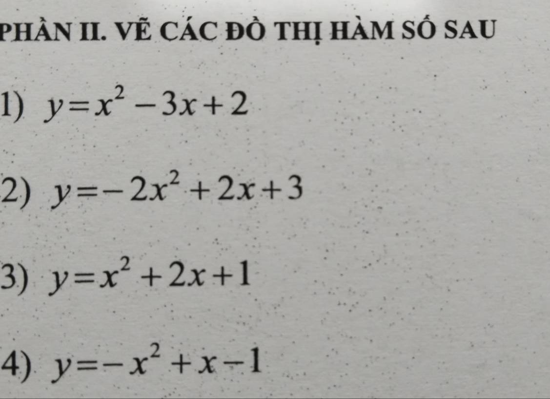 phÀN II. VÊ CáC đồ thị hàm số sau 
1) y=x^2-3x+2
2) y=-2x^2+2x+3
3) y=x^2+2x+1
4) y=-x^2+x-1