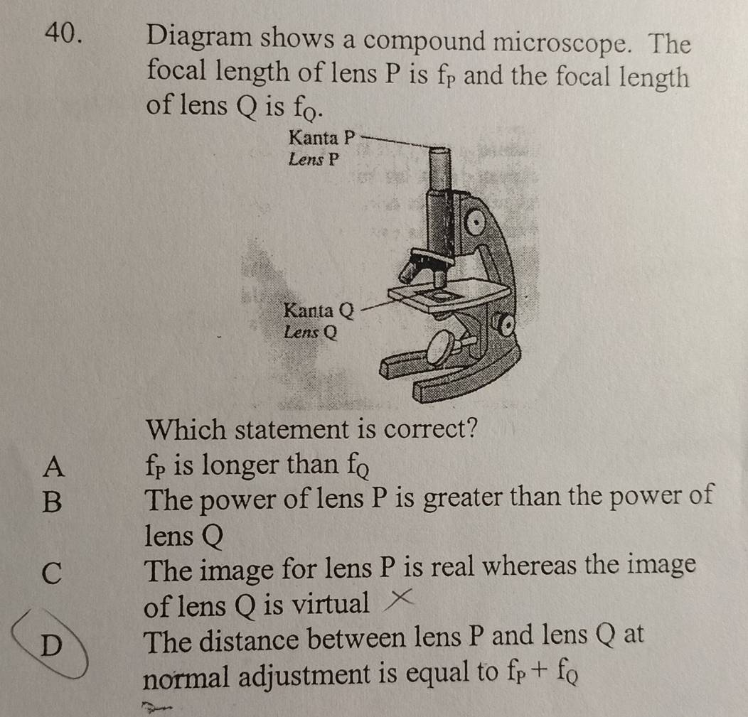 Solved: Diagram shows a compound microscope. The focal length of lens P ...