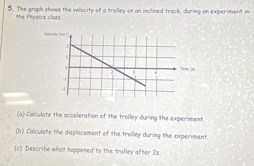 The graph shows the velocity of a trolley on an inclined track, during an experiment in
the Physics class.
(a) Calculate the acceleration of the trolley during the experiment.
(b) Calculate the displacement of the trolley during the experiment.
(c) Describe what happened to the trolley after 2s.