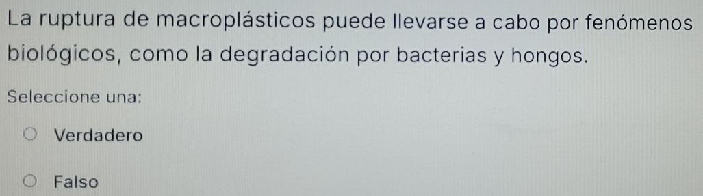 La ruptura de macroplásticos puede llevarse a cabo por fenómenos
biológicos, como la degradación por bacterias y hongos.
Seleccione una:
Verdadero
Falso