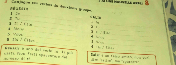 J'AI UNe nouvelle appli δ 
2 Conjugue ces verbes du deuxième groupe. 
RÉUSSIR 
_ 
1 Je _SALIR 
2 Tu 
1 ]e 
_ 
3 Il / Elle _2 Tu_ 
4 Nous 
_ 
_3 Il / Elle 
5 Vous 
_ 
_ 
4 Nous 
_ 
_ 
6 Ils / Elles 
5 Vous 
6 Ils / Elles 
Réussir è uno dei verbi in -ir più 
_ 
usati. Non farti spaventare dal Salir è un falso amico, non vuol 
numero di s! 
dire "salire", ma "sporcare".