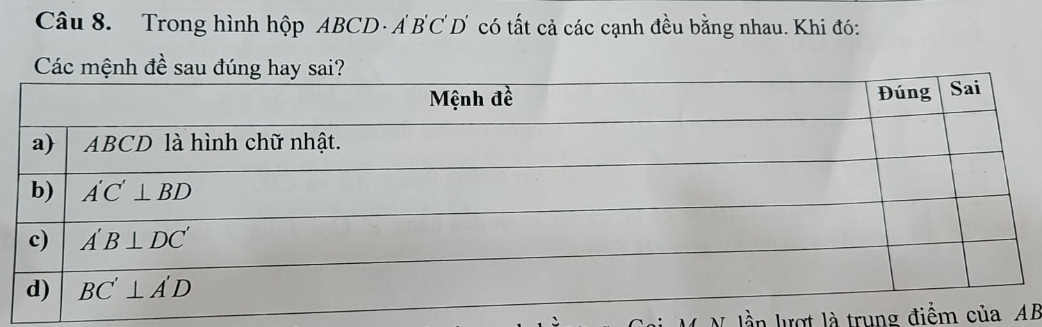 Trong hình hộp ABCD · A B'C D có tất cả các cạnh đều bằng nhau. Khi đó:
lần lượt là trung đB