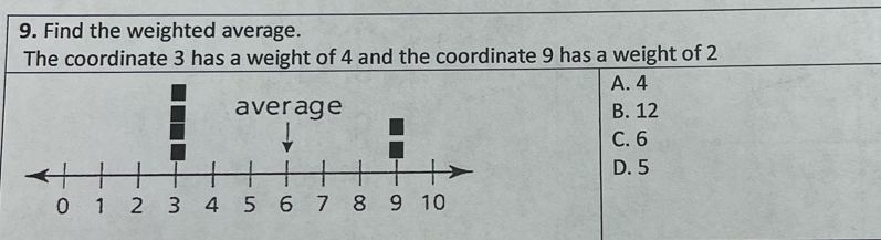 Find the weighted average.
The coordinate 3 has a weight of 4 and the coordinate 9 has a weight of 2
A. 4
B. 12
C. 6
D. 5