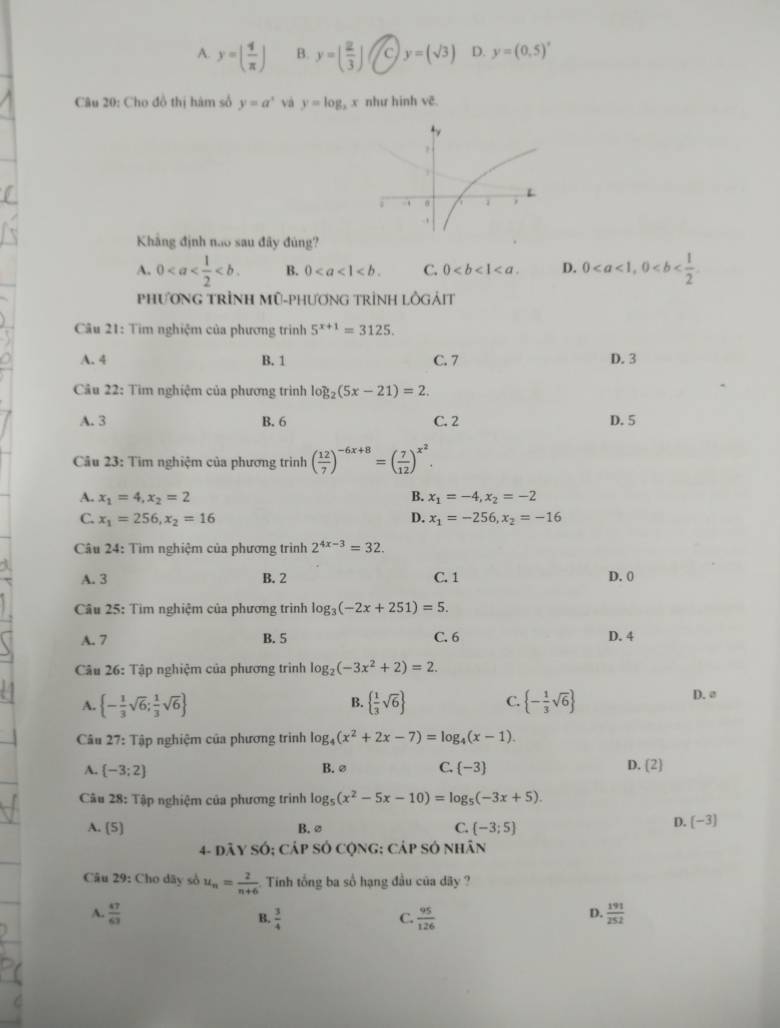 Giải quyết:A. y=( 4/π ) B. y=( 2/3 ) C y=(sqrt(3)) D. y=(0,5)^x Câu 20 ...
